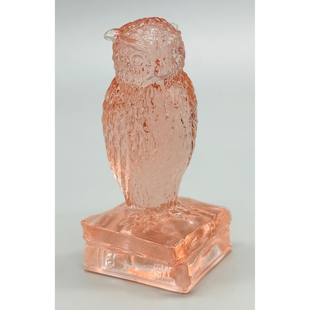 Degenhart Wise Ole Owl Figurine Clear Pink Bird on Books Statue 3.5 inch